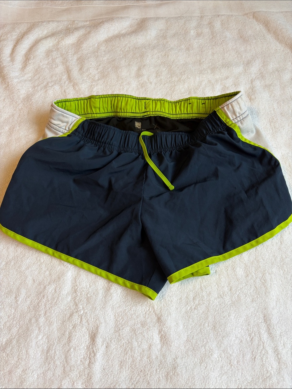 Xersion Navy Blue Athletic Shorts with Lime Green Trim